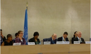 Panellists sit in a room in the United Nations with a UN Flag draped behind them. Name signs on the front of the panel indicate they are Ms Y Nigussi, Ms D Mulligan, the UN High Commissioner for Human Rights (Ms Navi Pillay), Mr L Galligos, the Vice President and Prof R McCallum (Facilitator).